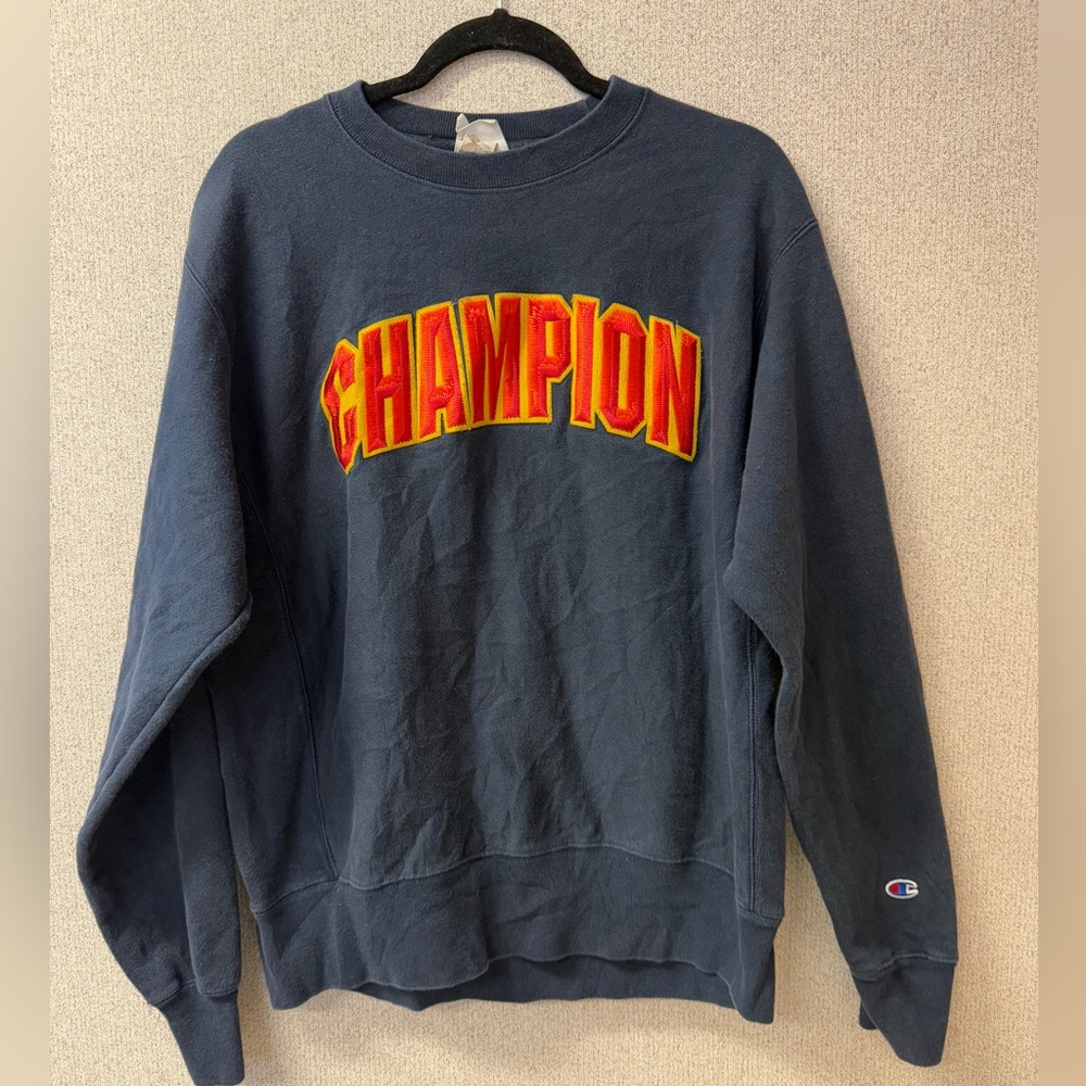 Champion M Reverse Weave Navy Blue Spellout Gold Crewneck Sweatshirt - Picture 1 of 7